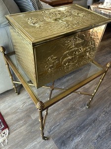 Brass-clad coal box w/embossed sailing ship motif