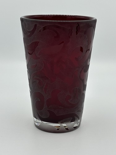 Vintage Beautiful Michael Weems Hand Blown Etched Ruby Red Drinking Glass Signed