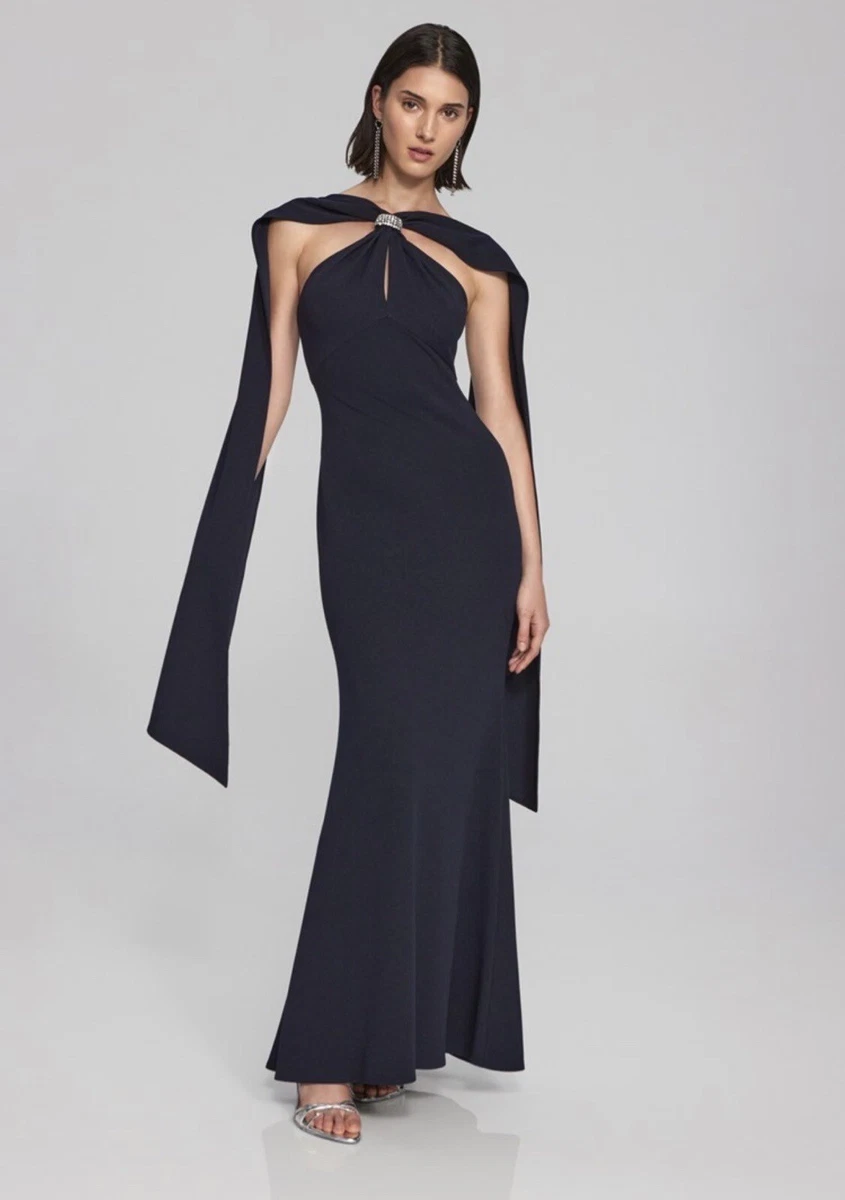 Joseph Ribkoff Midnight Blue Ruched Embellished Long Evening Dress 233 —  AfterRetail