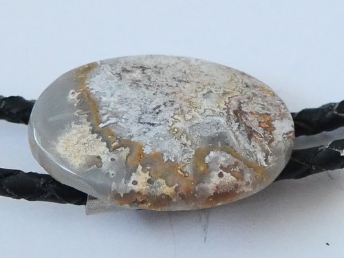 Vintage Bolo Tie with Polished Oval Stone Buckle and Leather Cords 1.5" x 4 1/4" - Picture 8 of 11