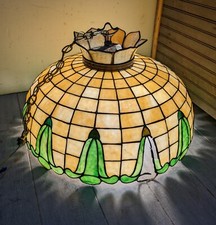 Vintage Large 24"w Tiffany Style Stained Glass Ceiling Light Fixture Pendant