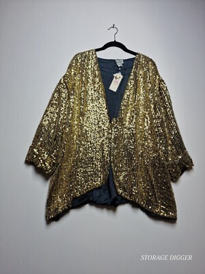 Vintage Cee Cee Sequin Jacket Women 4X Golden 100% Silk V-Neck 3/4 Sleeves