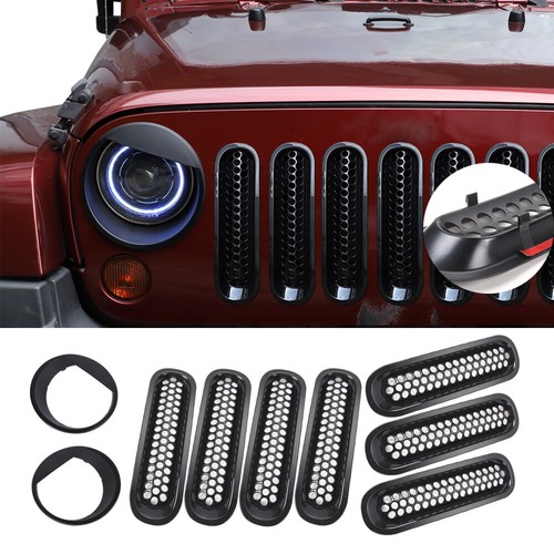Front Grille Inserts & Headlight Trim Bezels Cover for Jeep Wrangler JK