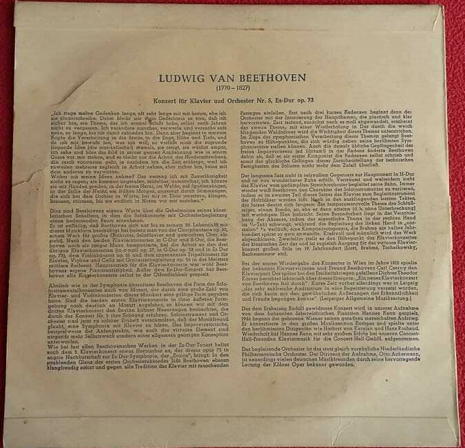 Beethoven / Konzert für Klavier und Orchester Nr. 5 Es-Dur OP 73 / 10" EP Vinyl - Bild 2 von 2
