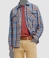  168 Scotch  Soda Men's Blue Plaid Distressed Collared Button-Up Shirt Size S