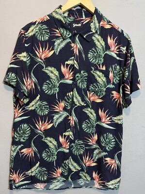 Schott NYC Hemd Herren schwarz-grün Blumenmuster tropische Baumwolle Medium