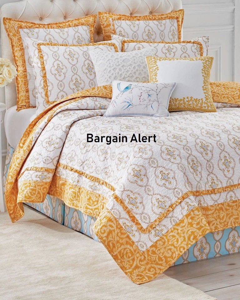 DENA HOME DREAM ~ COLCHA REINA COMPLETA 3 PIEZAS ~ VOLANTE AMARILLO BLANCO MOSTAZA AZUL Foto 2 de 4