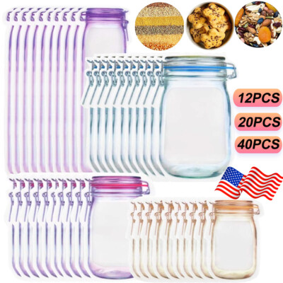 20 Mason Jar Bottles Bags Zipper Food Storage Bags Snack Ziplock