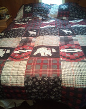 King Quilt Shams Set Rustic Patchwork Black Red Plaid Bear Moose Cabin Christmas