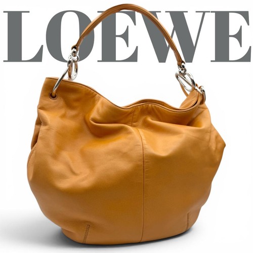 LOEWE Hobo Bag Leather Beige Silver Women Shoulder Handbag Authentic Excellent
