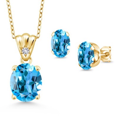 18K Yellow Gold Plated Silver Swiss Blue Topaz and White Created Sapphire