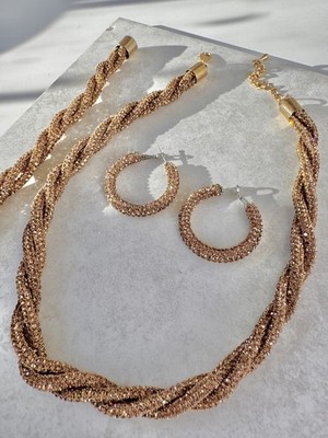 Gold Kristall Schmuck Set Halskette, Creolen Armband Strass Statement Ohrringe 