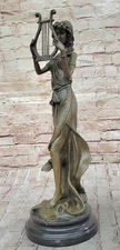 VINTAGE ART DECO HEAVY SOLID BRONZE SCULPTURE LADY W/ HARP HOT CAST FIGURINE ART