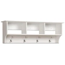 48" Contemporary Wall Mounted Coat Rack Hooks 3 Shelves11.5"x 48"x 14.25", White