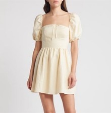 Reformation Malvina linen mini dress puff sleeve cream sand fit and flare 8