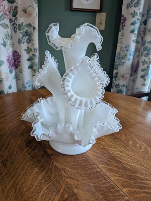 Fenton Milk Glass Silvercrest Silver Crest 4 Horn Epergne Vtg Original USA 14''