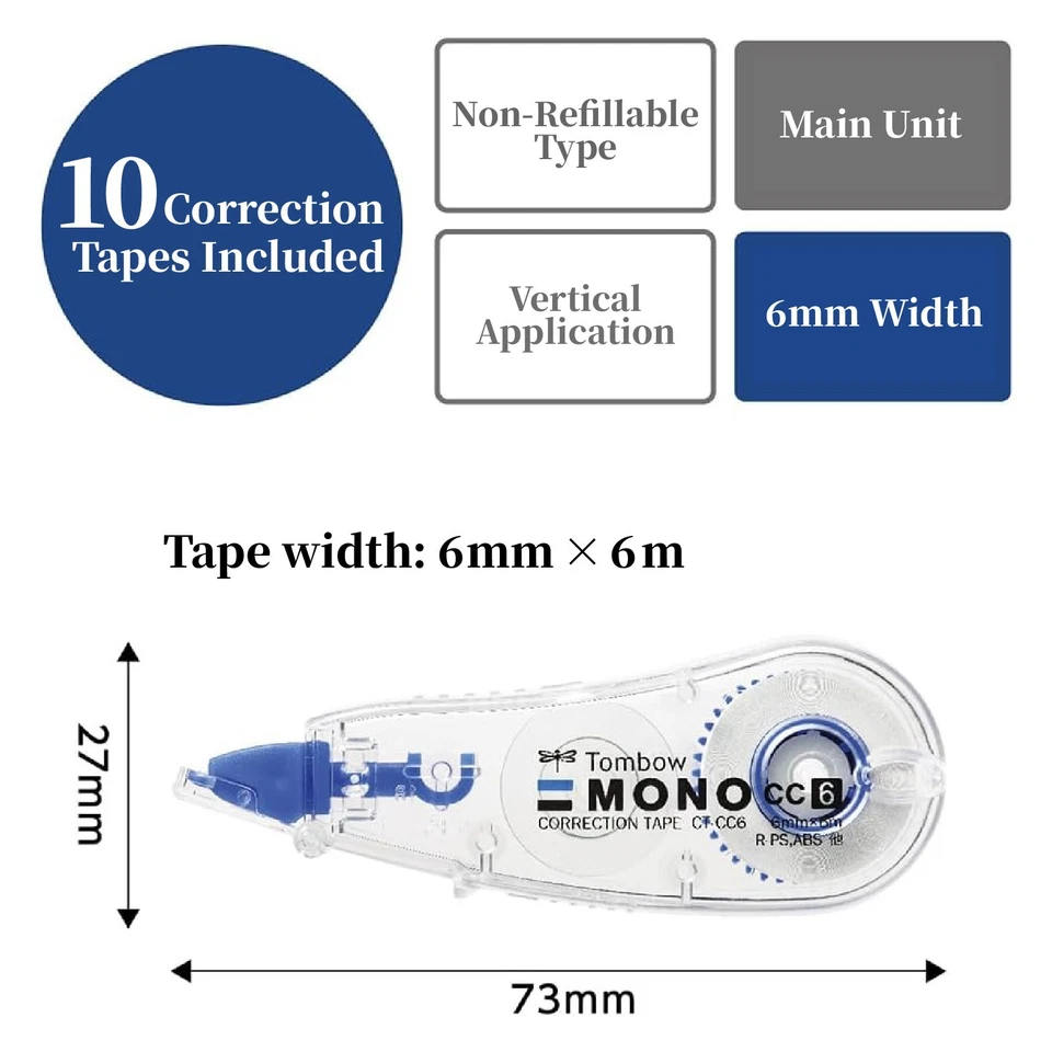 Tombow MONO Correction Tape CT-CC6 6mm x 6m 10 Pack Non-Refillable Type Japan - Image 2 of 4