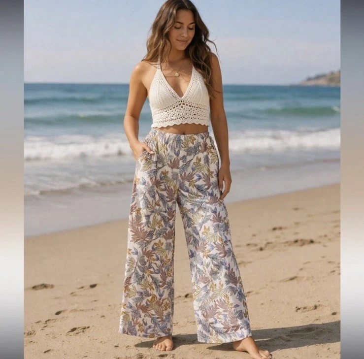 Nicole Miller Linen Pants Womens XL Tropical Leaf Print Wide Leg Pull On Coastal
