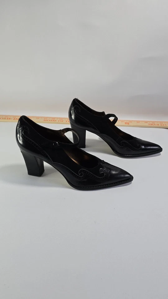 Rush Hour Elsie Size 6.5 B Unique Vintage Black Heels W/Strap & Buckle Witchy - Image 2 of 4