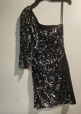 Fora with Silver Sequin in front Black Dress one shoulder 3/4 sleeve size S