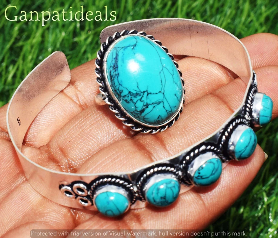 Conjunto combinado de 2 piezas enchapado en plata 925 con forma de mezcla de turquesa lote al por mayor de joyas Foto 3 de 3