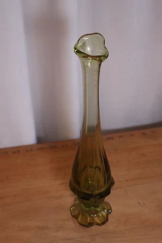 Vintage MCM Fenton Valencia Glass Green Ribbed Column Swung Glass Vase 11.5"