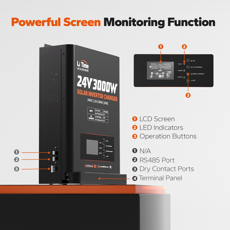 Litime 24V 3000W All-in-One Solar Inverter Charger Pure Sine Wave For ...