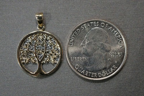 14K Solid Yellow Gold Beautiful 1" Two Tone Circle Tree Of Life Charm Pendant. - Picture 9 of 10