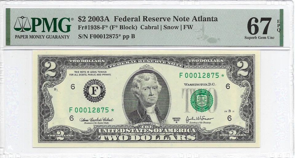 2003A $2 ATLANTA *STAR* ⭐️ FRN PMG Superb Gem Uncirculated 67 EPQ. SCARCE Series - Image 2 of 3