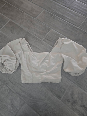 Open Edit Square Neck Puff Sleeve Crop Top Beige Size Small