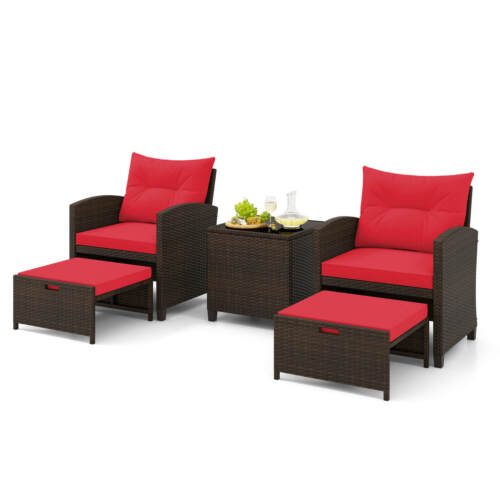 5 PCS Patio Rattan Furniture w/ 2 Wicker Ottomans & Tempered Glass Coffee Table