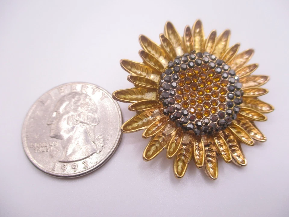 yellow sunflower flower rhinestone brown gold tone brooch pin pendant 0023 - Image 2 of 4