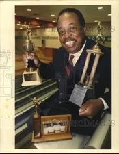 1992 Press Photo Houston Schools Stadium Director Donald Dickson with Trophies