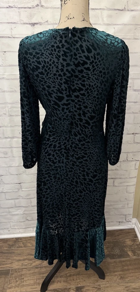 Calvin Klein Size 10 Burnout Green Velvet Animal Print Wrap Dress Ruffle Swing - Image 3 of 4