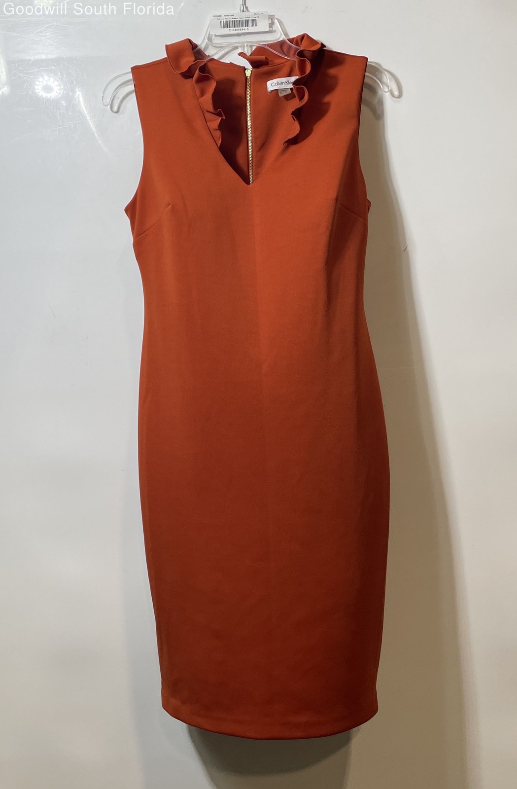 Calvin Klein Womens Rust Sleeveless Ruffle V-Neck Back Zip Sheath Dress Size 10