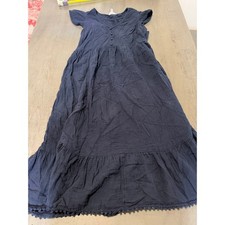 Time and Tru Navy Blue Cotton Gauze Tiered Midi Dress Pom Pom Trim Womens Medium