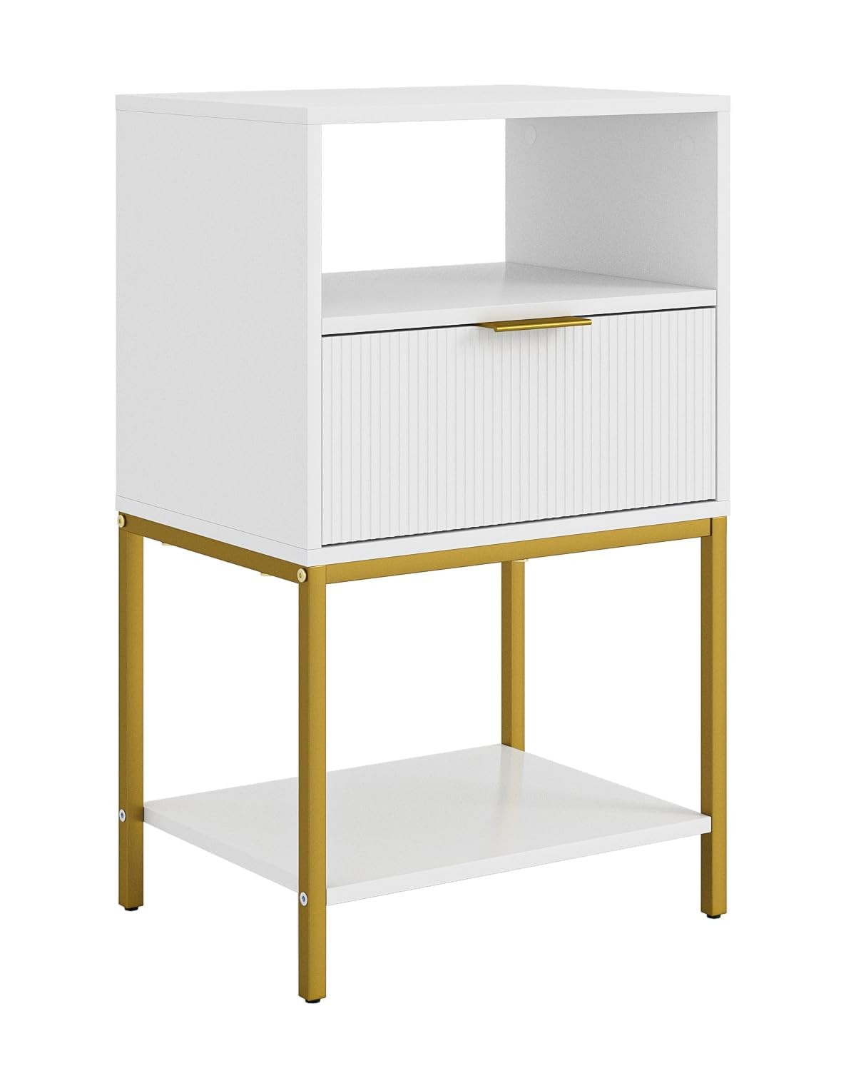 25.4 Inch Tall White Nightstand with Gold Frame - Modern Bedside Table-image