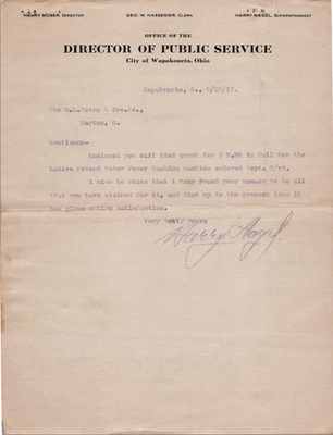 #ad 1912 Wapakoneta Ohio Public Service Letter Ladies Friend Washer Invoice $10.00