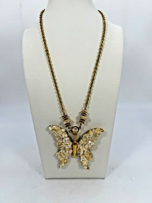 VTG Miriam Haskell Butterfly Pendant Necklace Mother of Pearl Gold Tone Estate