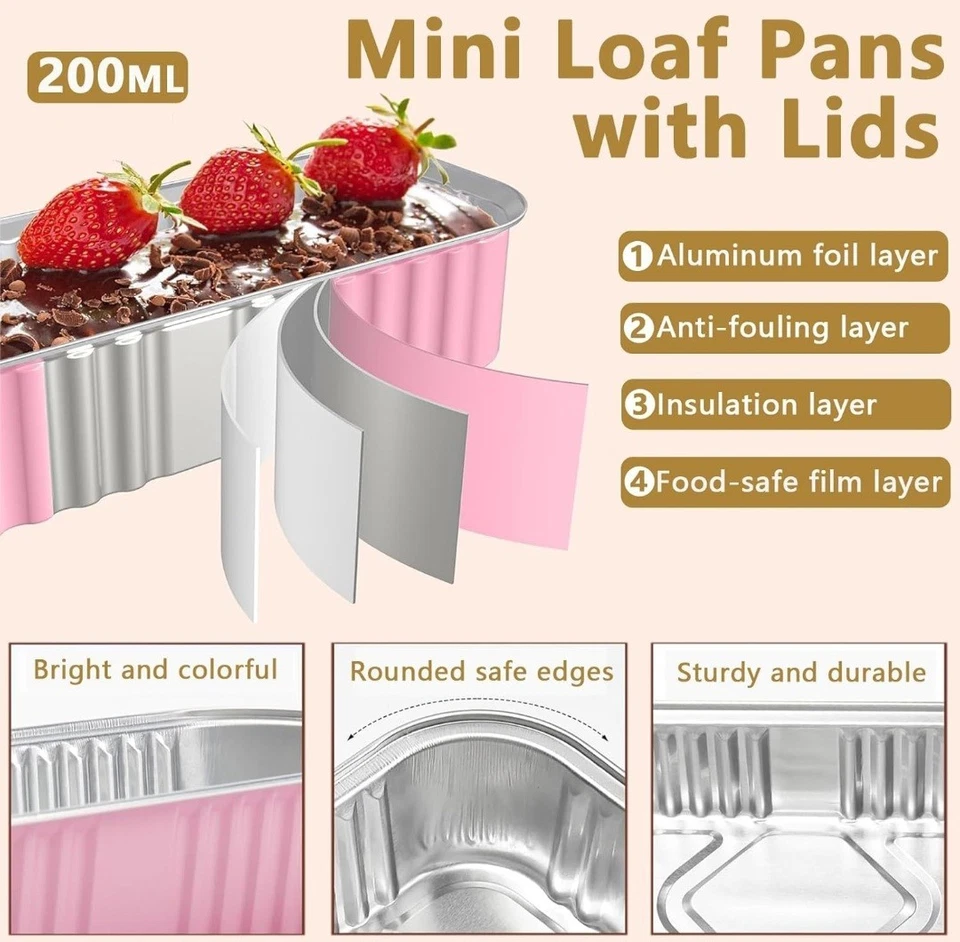 50Set Mini Loaf Cake Cases 200ML,Mini Loaf Tins with Lids and Spoons Aluminum F - Image 4 of 4