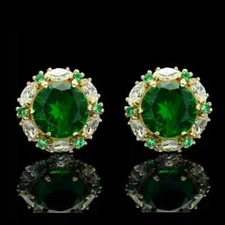 3Ct Lab Created Green Emerald & Diamond Halo Stud Earring 14K Yellow Gold Over
