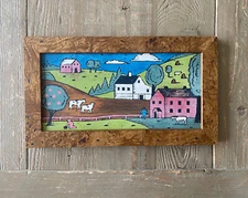 Vtg Naive Naïf Americana Folk Art Paint On Wood Board Farm Animals Barn Crops