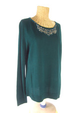 New Talbots Womens L Dark Green Rhinestone Fine Merino Wool LS Sweater 119