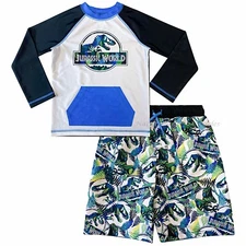 Jurassic World Boys Swimsuit Dinosaur Swim Trunks Rash Guard Shirt Size 5-12 Set