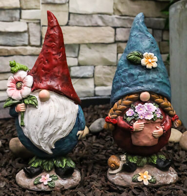 Pack Of 2 Whimsical Garden Mr And Mrs Gnome Couple Holding Flowers