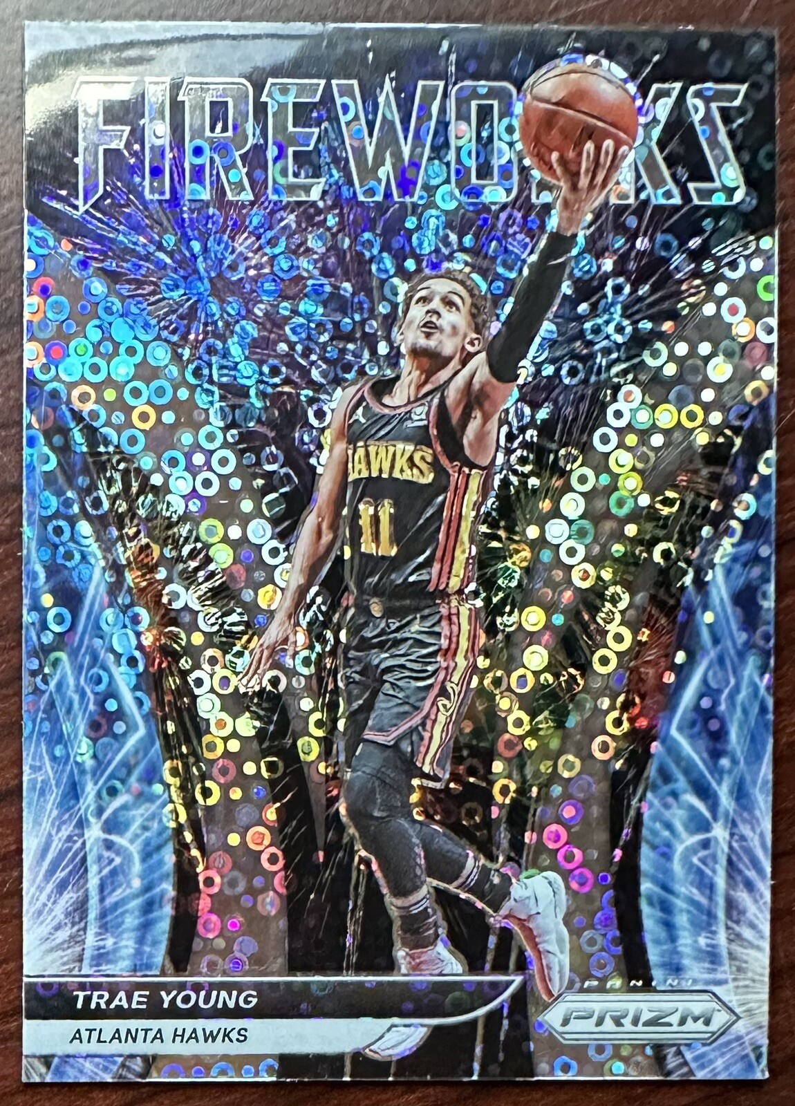 Trae Young 2021-22 Panini Prizm Fireworks #25 Fast Break Silver Disco Prizm