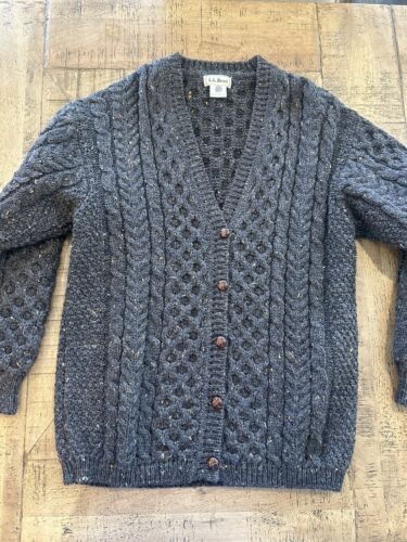 Vtg LL Bean Wool Fisherman Cardigan Sweater Women’s  Medium Blue Knit Ireland - Afbeelding 1 van 4