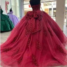Burgundy Women Quinceanera Dresses Lace Applique Bow Ball Gown Sweet16 Girl