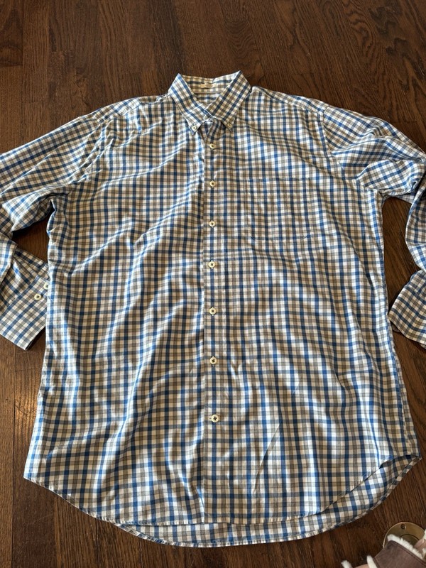 Peter Millar Shirt Mens Large Gray Blue Plaid Long Sleeve Button Up Casual