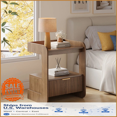 Wooden Nightstands with Glass Top & Drawer, Rounded Edge, Bedside Table Set of 2